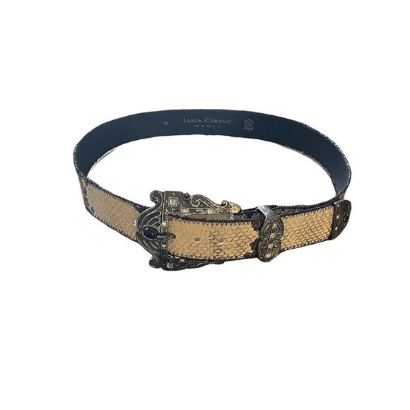 𝅺LUISA CERANO Italy Snakeskin Leather Belt Cream Black 36 EU - Picture 2 of 14